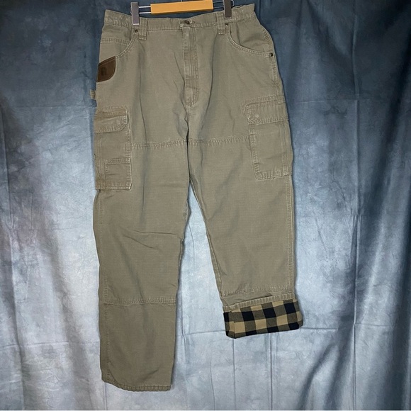 Wrangler Riggs Workwear Pants 42x32 Tan Straight Ripstop Cargo Flannel Lined - Picture 1 of 13